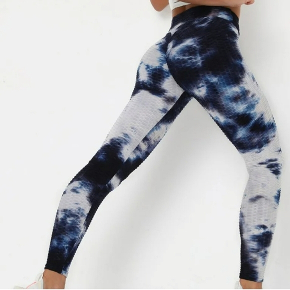 Fire & Fleur Blue Tie Dye Scrunch Butt Leggings 2X NWT Textured High Waisted - Picture 1 of 10